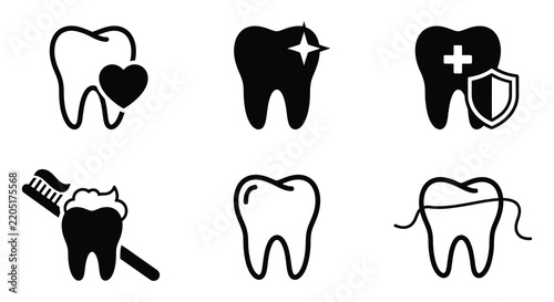 Black vector icons depict various dental health concepts and tooth conditions teeth