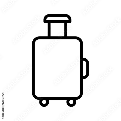 Minimalist black and white suitcase icon with wheels and handle.