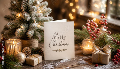 Merry Christmas Greeting Card with Elegant Holiday Background and Decorations