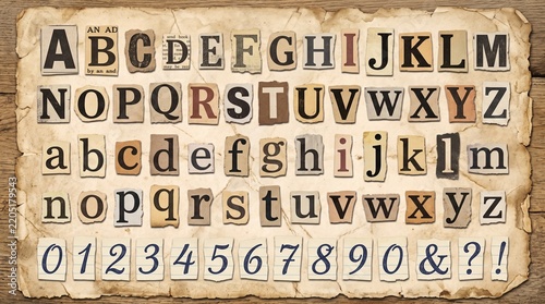 A complete set of cut out ransom note style letters and numbers arranged on a textured piece of aged parchment paper surface with scrapbook