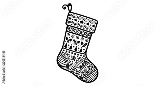 Christmas stocking with decorative patterns, black and white vector, clean outline