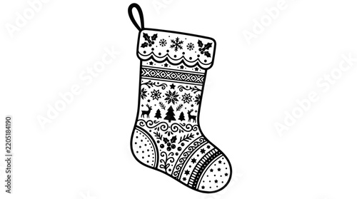Christmas stocking with decorative patterns, black and white vector, clean outline