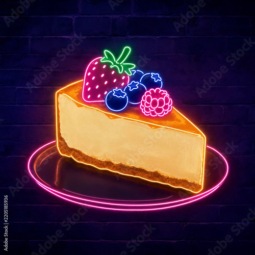 Neon glowing slice of cheesecake with mixed berries on a plate against a dark brick wall
