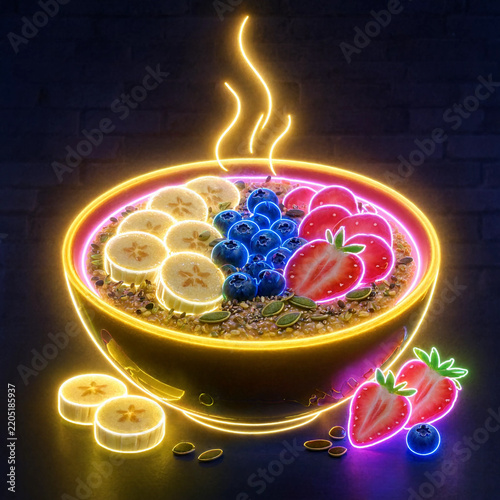 Neon glowing bowl of healthy fruit oatmeal with banana slices strawberries and blueberries