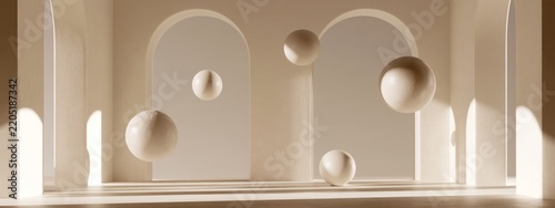 Minimalistic Art Composition Featuring Floating Ceramic Spheres in a Contemporary Space with Elegant Arches