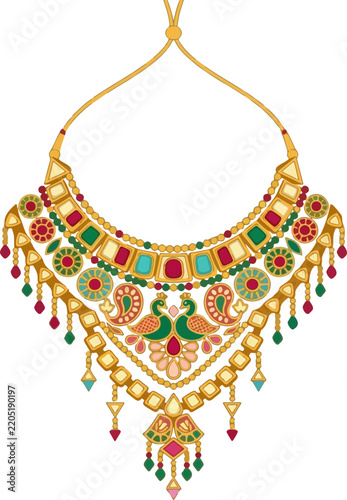 Traditional Indian Gold Peacock Necklace Illustration