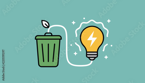 Green recycling bin connected by a wire to a glowing light bulb representing eco-friendly energy and sustainability.