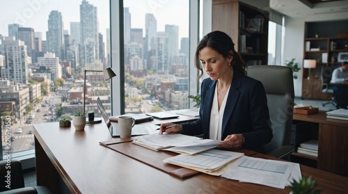 Focused Executive at Work: A professional woman in a suit meticulously reviews documents at her desk, with a panoramic city skyline visible through the large window behind her.