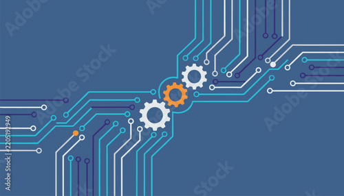 Abstract technology background with white and cyan circuit board traces and interconnected nodes on a dark blue background with gear wheels.