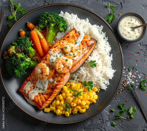 Grilled salmon with shrimp and cream sauce, rice and broccoli, top view. AI