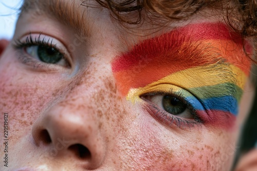 Close-up of vibrant rainbow colors in artistic pride makeup on face with freckles