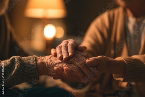 Hands of elder LGBTQ+ couple holding each other indoors