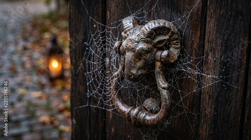 Metal ram head door knocker is covered in spider webs on a wooden door Halloween