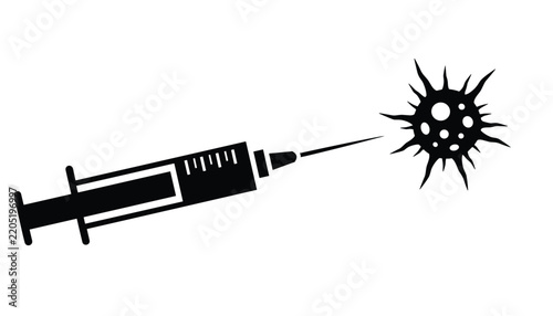Black and white medical illustration of a syringe injecting medicine into a dangerous virus pathogen cell during a vaccination.