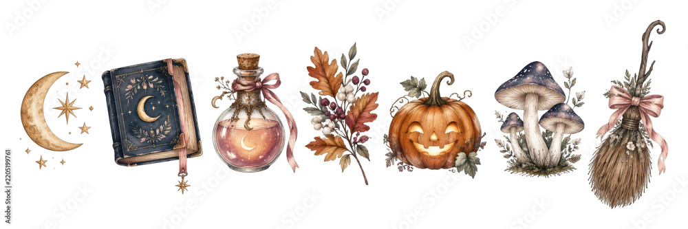 Fototapeta premium PNG Vintage Halloween clipart collection with moon, book, potion, pumpkin
