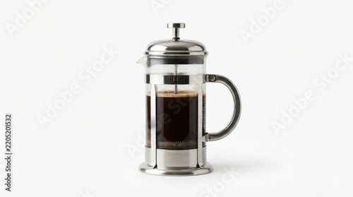 French press coffee maker photo showing freshly brewed dark coffee in a glass cylinder with a stainless steel frame isolated on a white background