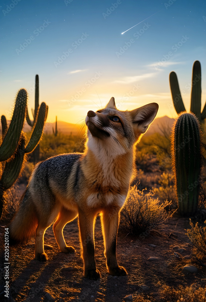Fototapeta premium Wilderness exploration and nature wonder, gray fox looking at a shooting star in the desert landscape at sunset with saguaro cacti and golden light