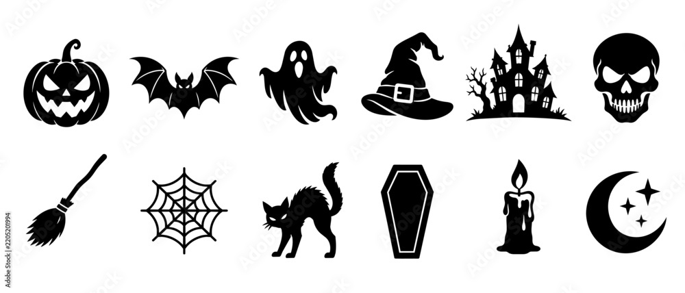 Fototapeta premium Halloween Silhouette Icons Pumpkin Bat Ghost Witch and Coffin