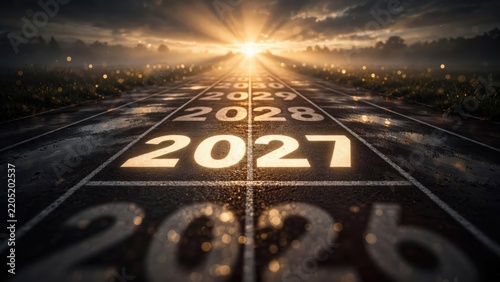 Inspirational Pathway Toward Future Success with Years Displayed on Track Under Dramatic Sunset Lighting