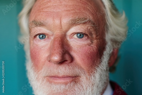 Man with white beard and blue eyes in close-up portrait