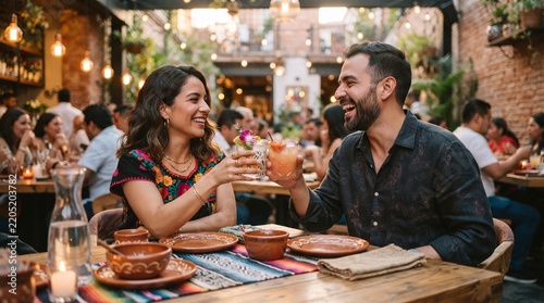 Couple raising cocktails at Mexican restaurant