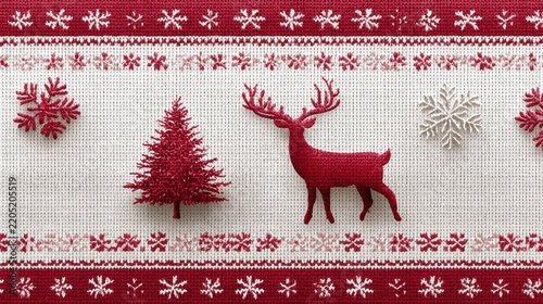 Christmas themed knitted pattern with reindeer and snowflakes