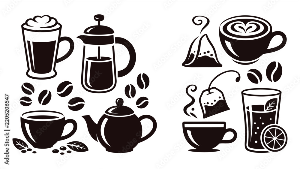Obraz premium Set of coffee and tea icons with various cups pots and beverage elements in flat black style