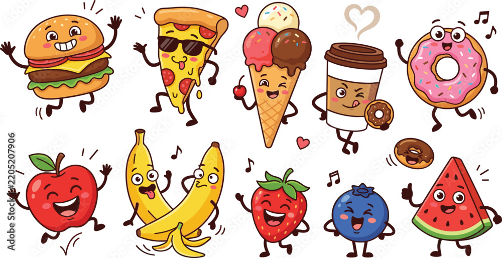 Obraz premium Set of cute cartoon food characters including burger, pizza, ice cream, coffee, donut, and fresh fruits