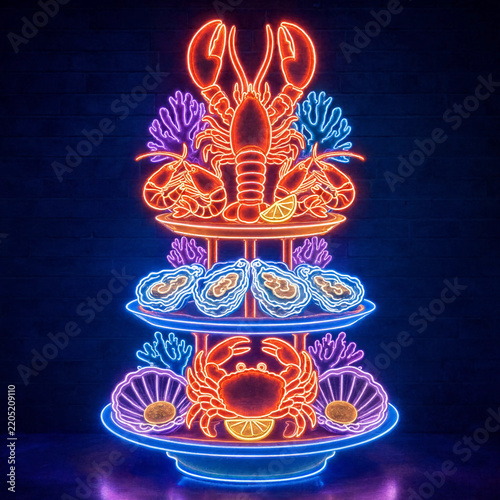 Colorful neon sign depicting a tiered seafood platter with lobster crabs and oysters
