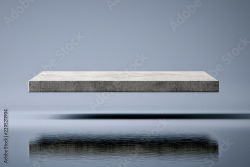 Floating concrete podium levitating over a reflective floor in a minimal studio with soft morning light 3d digital illustration for luxury product display advertising