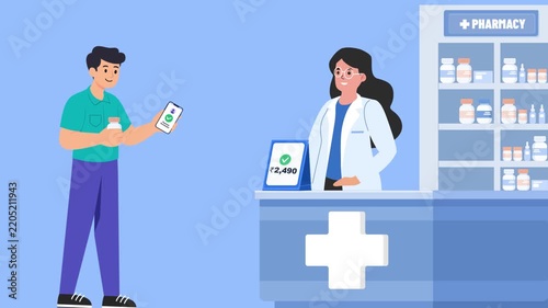 upi mobile payment at pharmacy digital cashless transaction animation