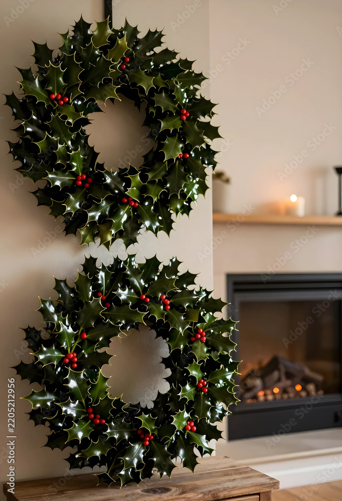 Naklejka premium Christmas holiday home decor, festive holly wreaths hanging on wall with cozy fireplace and warm candlelight in background for winter seasonal interior