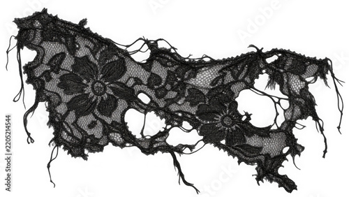 Distressed tattered black lace fabric piece with frayed edges