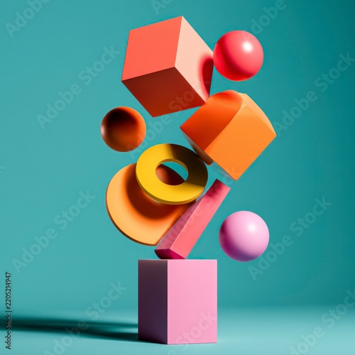 Colorful geometric primitives balancing on a pink block in a minimalist studio with high contrast lighting for creative branding marketing