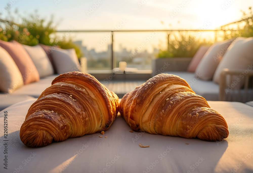 Fototapeta premium Breakfast lifestyle and morning leisure, fresh buttery croissants on a rooftop terrace lounge with city skyline view at sunrise for travel and hospitality