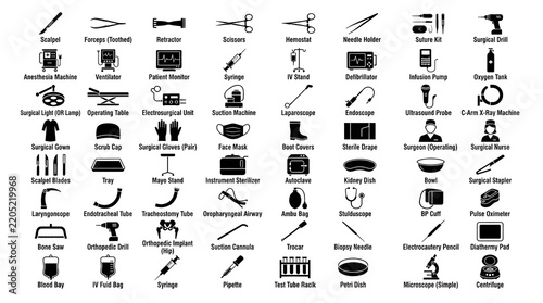 Surgical instruments and medical equipment icons