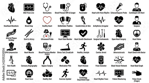 Cardiology and heart health medical icon set
