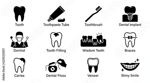 Set of dental and tooth care icons isolated on white background
