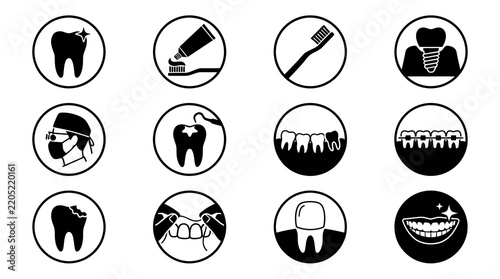 Dental and tooth care icons in circles isolated on white background