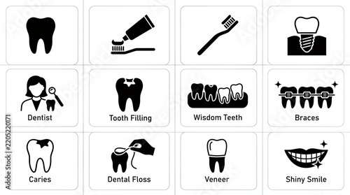 Set of dental care icons for dentistry and oral hygiene