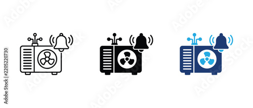 Smart HVAC compressor radiation hazard or fan safety alarm icon set, nuclear warning symbol AC unit linear solid and colored   