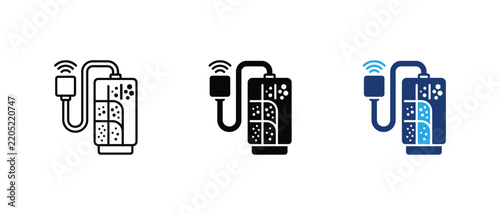 Smart multi-stage water filtration system wireless sensor icon set, automated water purifier cartridge linear solid and colored   