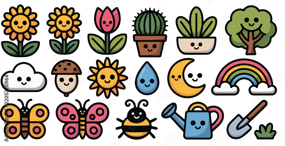Obraz premium Cute nature icons collection featuring sun moon flowers tree cactus butterfly and garden tools for outdoor environment designs.