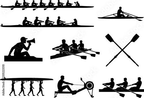 Rowing boat team silhouette on transparent background, sport and competition icons