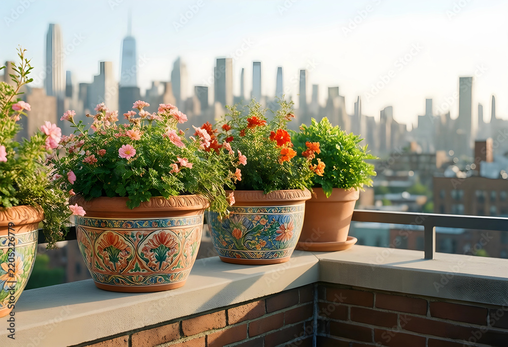 Fototapeta premium Urban gardening and city living, potted flowers on a balcony overlooking a metropolitan skyline at sunset for lifestyle and real estate concepts