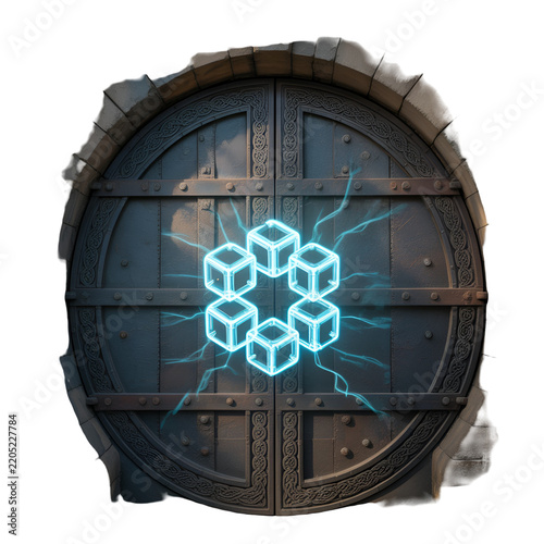 Ancient dark metal gate with a glowing blue magic hexagon symbol in a fantasy game style isolated on transparent background