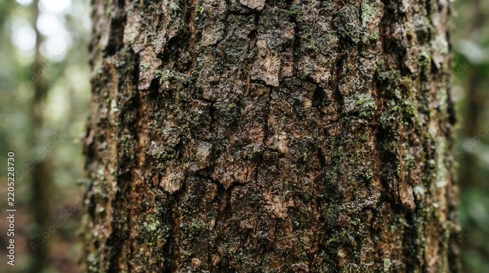 Fototapeta premium Close-up shot of rough tree bark texture in a lush green forest background