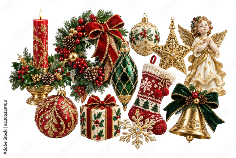 Obraz premium PNG Elegant Christmas ornaments, greenery, candles, angel, bells