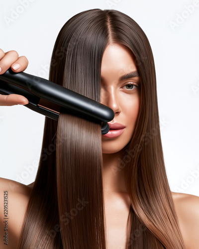 Long hair being straightened with hair styling tool, sleek and polished look. model conveys confidence and beauty, emphasizing effectiveness of styling process