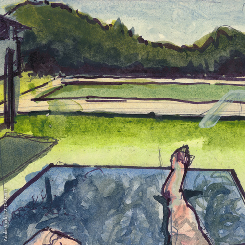 Watercolour and ink brush painting from POV of someone on a sun lounger looking at a pool